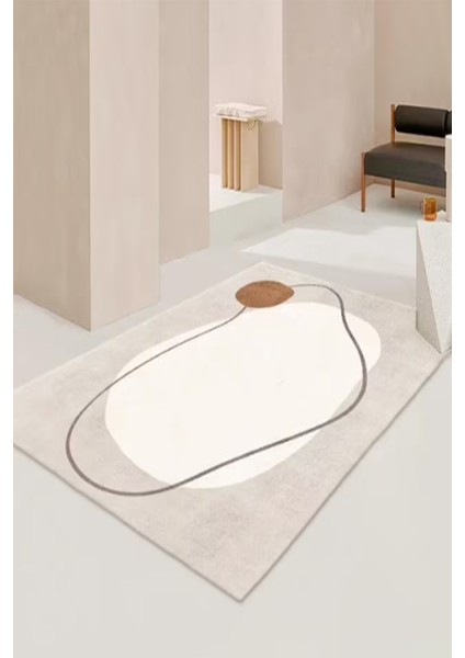 Dijital Baskılı Kaymaz Taban Yıkanabilir Vizon Geçişli Modern Çizgili Krem Salon HALI-YOLLUK-D7072