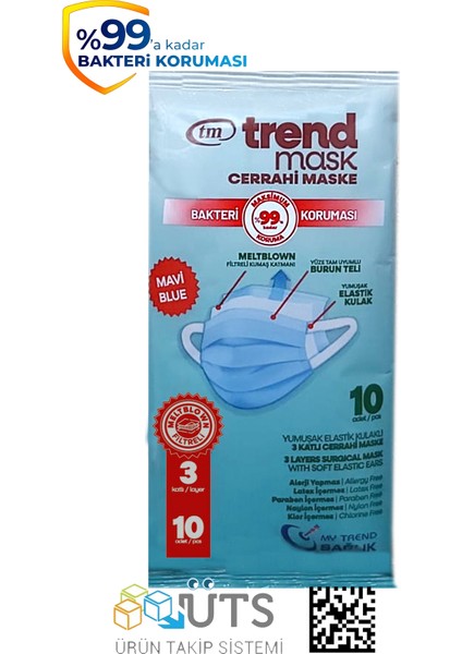 Trendmask Yumuşak Elastik Kulaklı Maske 10'Lu 10 Paket 100 Adet (Mavi)