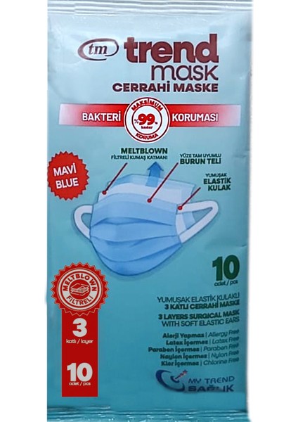 Trendmask Yumuşak Elastik Kulaklı Maske 10'Lu 10 Paket 100 Adet (Mavi)