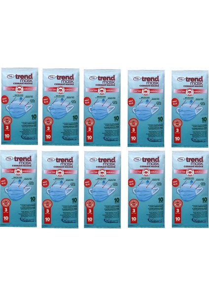 Trendmask Yumuşak Elastik Kulaklı Maske 10'Lu 10 Paket 100 Adet (Mavi)