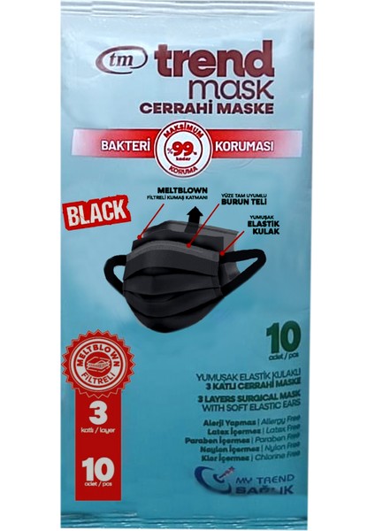 Trendmask Yumuşak Elastik Kulaklı Maske 10'Lu 10 Paket 100 Adet (Siyah)