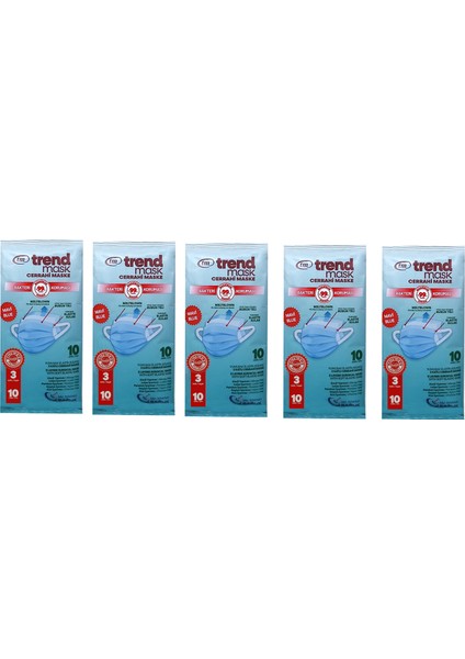 Trendmask Yumuşak Elastik Kulaklı Maske 10'Lu 5 Paket 50 Adet (Mavi)