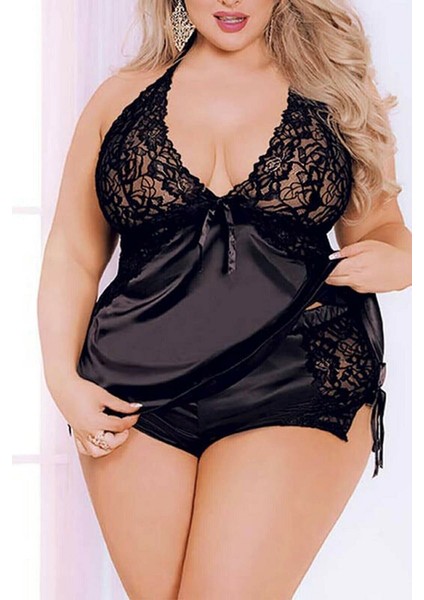 Kadın Saten Dantelli Fantezi Şort Takım For Dreams 8307 Siyah