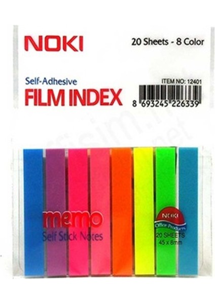 Memo 12401 Yapışkanlı Film Index 45 x 8 mm 20 Yaprak x 8 Adet - Karışık Neon Renk