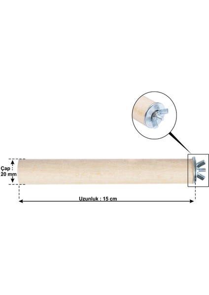 Ağaç Tünek Kuş Papağan Tüneği Yuvarlak Boy 15 cm Çap 2 cm Kayın Ağacı