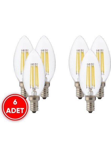 Candle 4W E14 Duy Filament LED Ampül Beyaz Işık ( 6 Adet )