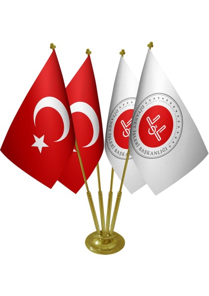 Masa Üstü Diyanet Işleri Bayrağı Türk Bayrağı Dörtlü Pirinç Direk Masa Bayrak Seti