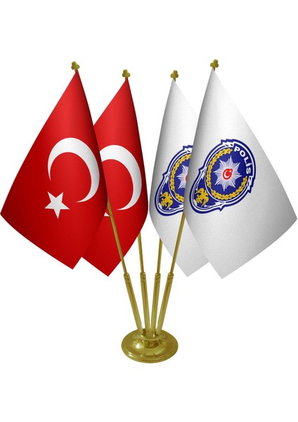 Masa Üstü Polis Arması Bayrağı Türk Bayrağı Dörtlü Pirinç Direk Masa Bayrak Seti