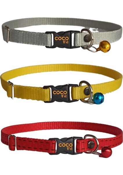 Kedi Boyun Tasması Zilli 3'lü Set 20-37 cm Gri Sarı ve Kırmızı