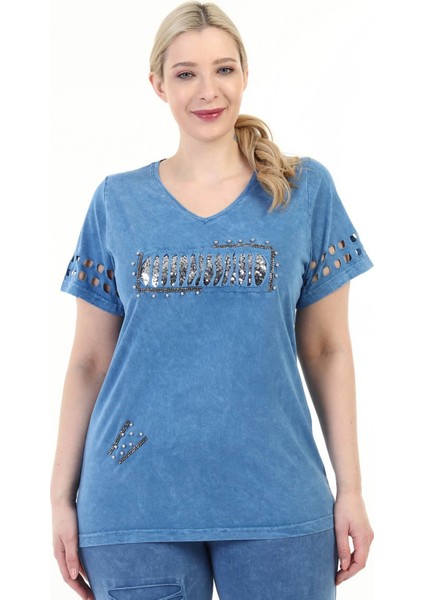 Büyük Beden Mavi Italyan Yıkamalı Kolları Lazer Kesim Detaylı Tshirt