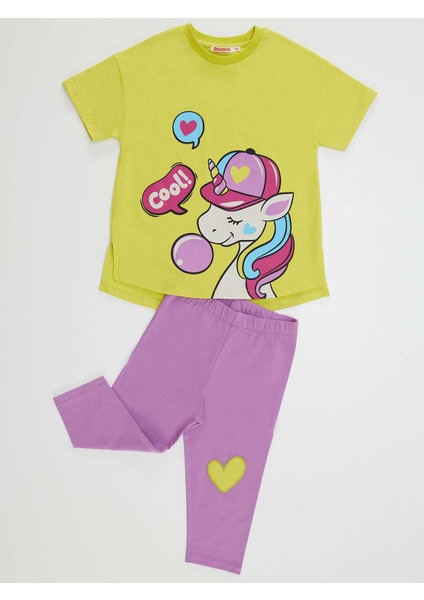 Cool Unicorn Kız Çocuk T-shirt Lila Tayt Takım