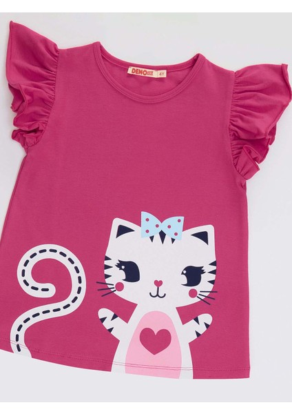 Fırfırlı Kedicik Kız Çocuk T-shirt Tayt Takım