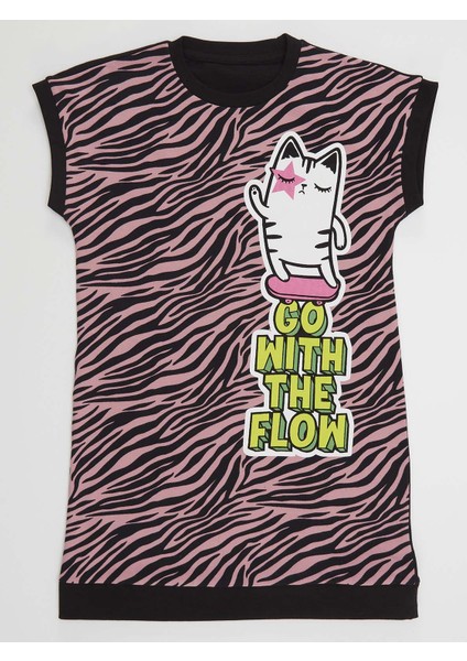 Kaykaycı Kedi Kız Çocuk Zebra Elbise