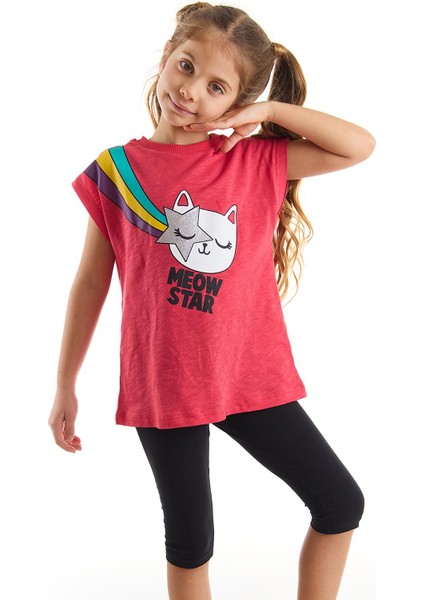 Yıldızlı Kedi Kız Çocuk T-shirt Siyah Tayt Takım