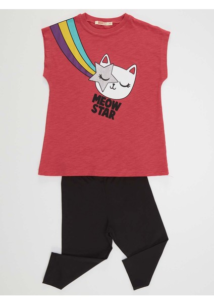 Yıldızlı Kedi Kız Çocuk T-shirt Siyah Tayt Takım modelleri