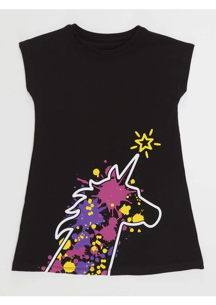 Unicorn Splash Pamuklu Kız Çocuk Siyah Elbise