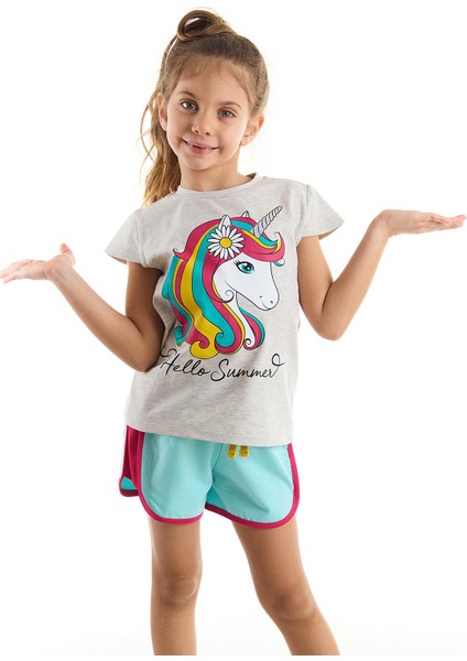 Çiçekli Unicorn Kız T-Shirt Şort Takım