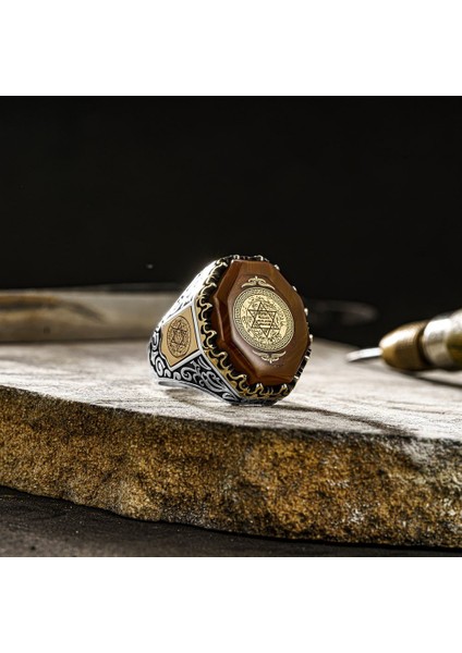 Tespih Sepetim Kehribar Taşlı Hz.süleyman Mührü Motifli Gümüş Erkek Yüzük
