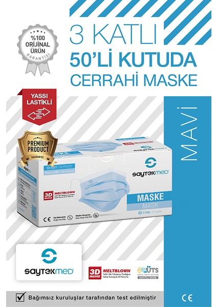 Meltblown Filtreli Yassı İpli 3 Katlı Mavi Cerrahi Maske (50 Adet/1 Kutu)