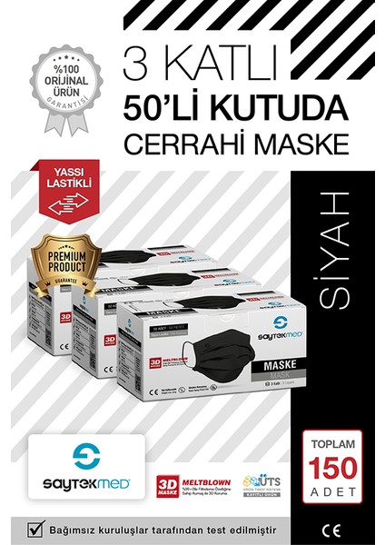 Meltblown Filtreli Yassı Kulak Ipli 3 Katlı Siyah Maske (3 Kutu/ 150 Adet)