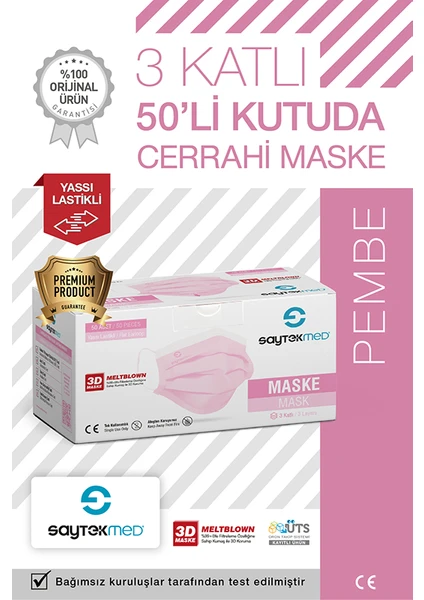 Saytekmed Meltblown Filtreli, Yassı Ipli, 3 Katlı Pembe Cerrahi Maske (1 Kutu/ 50 Adet)