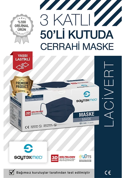 Saytekmed Meltblown Filtreli, Yassı Ipli, Lacivert Cerrahi Maske (1Kutu/50 Adet)