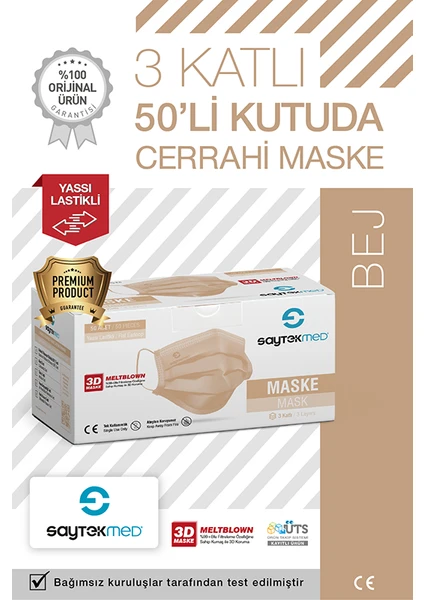 Saytekmed Meltblown Filtreli, Yassı Ipli, 3 Katlı Ten Rengi Cerrahi Maske (1 Kutu/50 Adet)