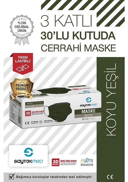 Saytekmed Meltblown Filtreli, Yassı Ipli, 3 Katlı Haki / Koyu Yeşil Cerrahi Maske (30 Adet/ 1 Kutu)