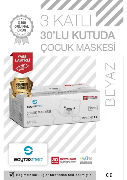 Premium 3 Katlı Beyaz Çocuk Maskesi, Meltblown Filtreli, Yassı Kulak İpli (1 Kutu/30 Adet)