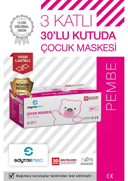 Premium 3 Katlı Pembe Çocuk Maskesi, Meltblown Filtreli, Yassı Kulak İpli (1 Kutu/30 Adet)