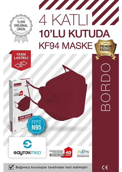 Saytekmed N95/FFP2 Kore Tipi 4 Katlı Bordo Maske, Tekli Poşet, Uv Steril (1 Kutu/ 10 Adet)