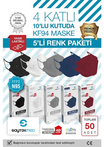 Saytekmed N95/FFP2 Kore Tipi 4 Katlı 5 Farklı Renk (Siyah, Beyaz, Bordo, Gri, Lacivert), (50 Adet/5 Kutu)