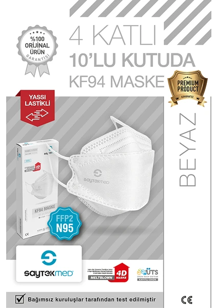 Saytekmed N95/FFP2 Kore Tipi 4 Katlı Beyaz Maske, Tekli Poşet, Uv Steril (1 Kutu/ 10 Adet)