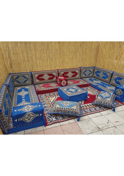 Şark Köşesi Minderi, 120x180cm Kilim, 60x60cm Orta Puf Konsept Bordo Mavi 18 Parça fiyatları