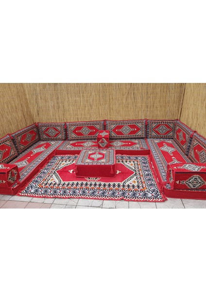 Saraylı Desenli Şark Köşesi Minder, Kilim, Orta Puf Konsept Kırmızı 16 Parça