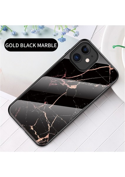 Apple iPhone 12 Mini Mermer Dokulu Temperli Cam + Pc + Tpu Telefon Kılıfı - Siyah Altın (Yurt Dışından) fiyatları