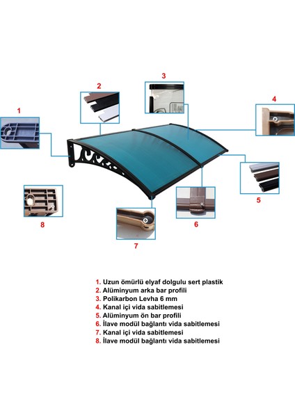 Plastik Ayak 6mm Levhalı Pratik Sundurma Kanopi 100X240 cm Gri