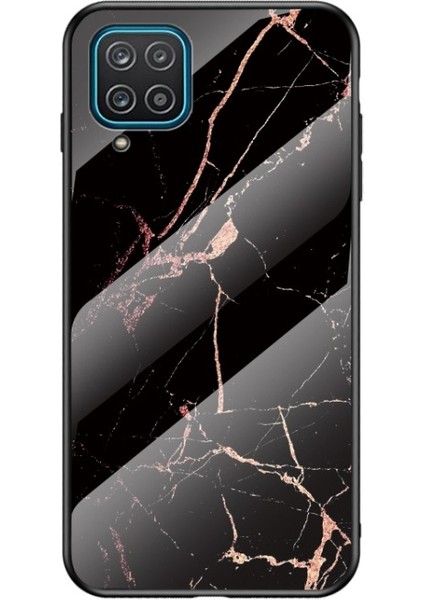 Galaxy A12 Için Mermer Desen Temperli Cam Cep Telefonu Kılıfı - Siyah Altın (Yurt Dışından)