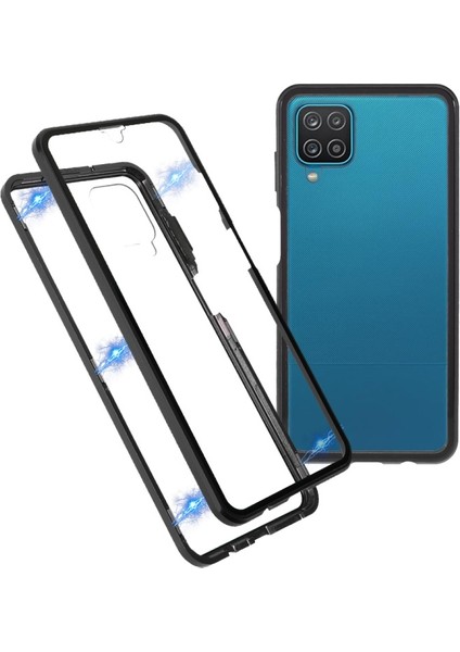 Samsung Galaxy A12 Için Manyetik Kilit Özellikli Metal Çerçeve ile Çift Temperli Cam Telefon Kılıfı - Siyah (Yurt Dışından)