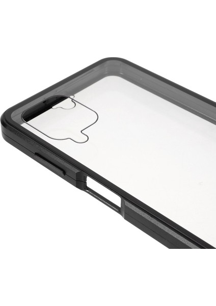 Samsung Galaxy A12 Için Manyetik Kilit Özellikli Metal Çerçeve ile Çift Temperli Cam Telefon Kılıfı - Siyah (Yurt Dışından)