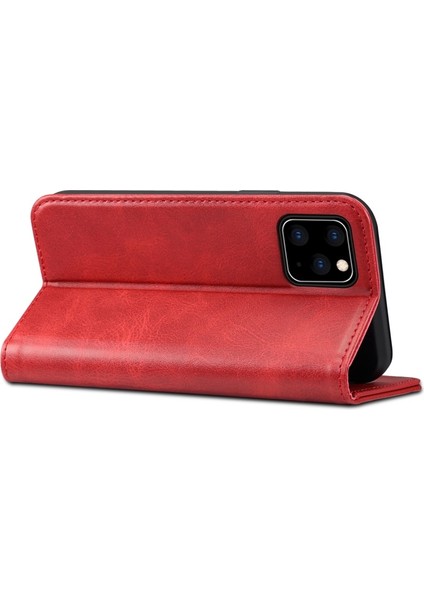 Sutenı Apple iPhone 11 Pro Max Için Çizilmeye Dayanıklı Manyetik Cüzdan Tasarımlı Standlı Deri Kılıf - Kırmızı (Yurt Dışından)