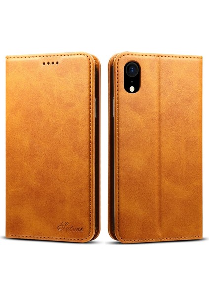 Sutenı Apple iPhone Xr Için Çizilmeye Dayanıklı Manyetik Cüzdan Tasarımlı Standlı Deri Kılıf - Haki (Yurt Dışından)
