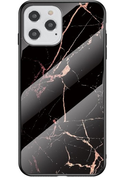 Apple iPhone 12 Pro / 12 Mermer Doku Temperli Cam + Pc + Tpu Telefon Kılıfı - Siyah Altın (Yurt Dışından)