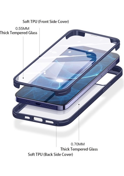 Apple iPhone 13 Pro Max 6.7 Inç Uyumlu Temperli Cam Tpu Telefon Kılıfı - Mavi (Yurt Dışından)