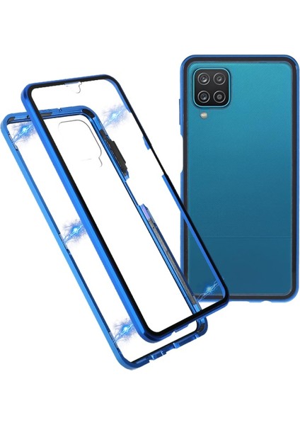 Samsung Galaxy A12 Için Manyetik Kilit Özellikli Metal Çerçeve ile Çift Temperli Cam Telefon Kılıfı - Mavi (Yurt Dışından)