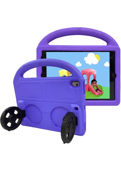 - Apple iPad 10.2 (8.Nesil) - Tablet Kılıfı Wheel Car Tekerlek Standlı Tablet Eva Silikon Kılıf - Mor