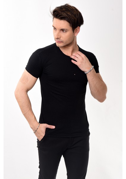 Erkek Slim Fit Basic Bisiklet Yaka Kısa Kollu T-Shirt Tişört Siyah