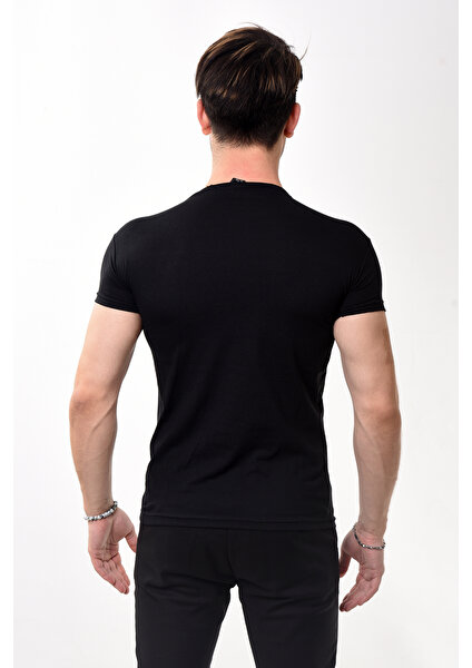 Erkek Slim Fit Basic Bisiklet Yaka Kısa Kollu T-Shirt Tişört Siyah