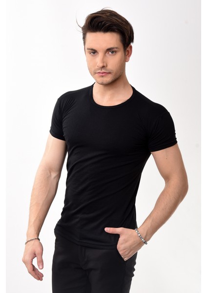 Erkek Slim Fit Basic Bisiklet Yaka Kısa Kollu T-Shirt Tişört Siyah modelleri