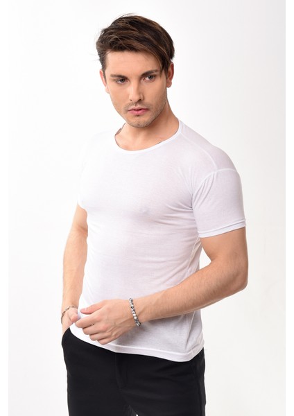 Erkek Slim Fit Basic Bisiklet Yaka Kısa Kollu T-Shirt Tişört Beyaz modelleri
